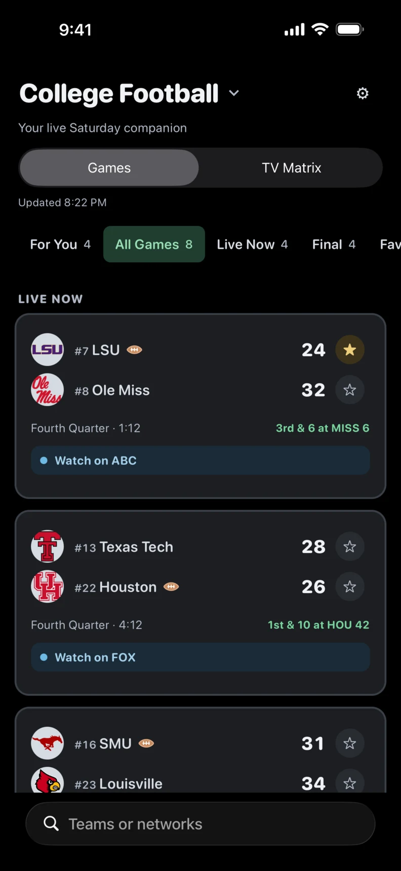 Sportscaster in dark mode showing a slate of live college football games